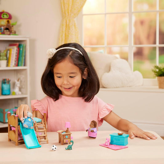 Li'l Woodzeez WZ6705Z Dinosaurio, Animales Li'l Woodzeez - Juego de litera de 18 piezas con muebles de dormitorio y accesorios - Juguetes y juegos en miniatura para niños a partir de 3 años, azul, Klein
