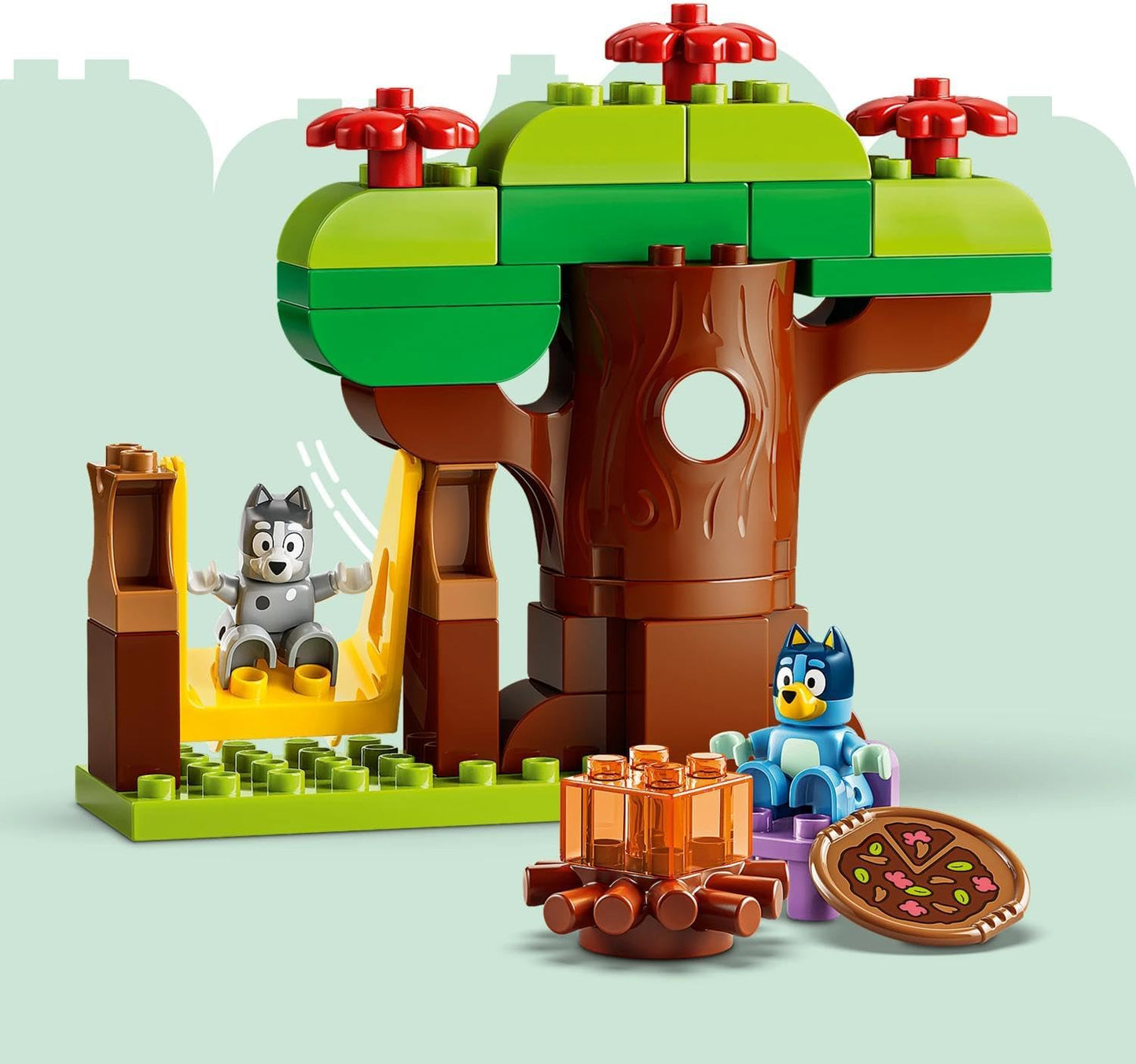 LEGO DUPLO Bluey Pizza Girls com Muffin e Bluey - Brinquedo Educativo para Desenvolvimento da Coordenação Motora em Crianças - Conjunto Montessori com Carro, 2 Figuras, Árvore e Balanço - Presente para Meninas e Meninos a partir de 2 Anos - 10469