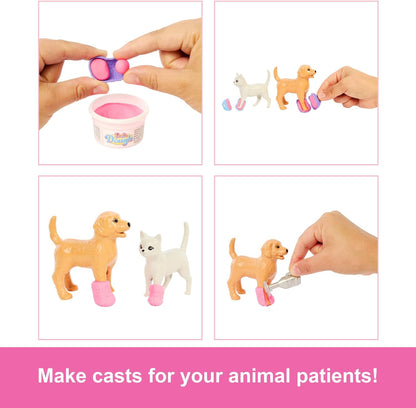 Barbie Conjunto de Clínica Veterinária Fast Cast com Boneca Fashion de Cabelo Rosa, Mobiliário Veterinário e Mais de 10 Acessórios, Incluindo Moldes e Massa para Curativos.