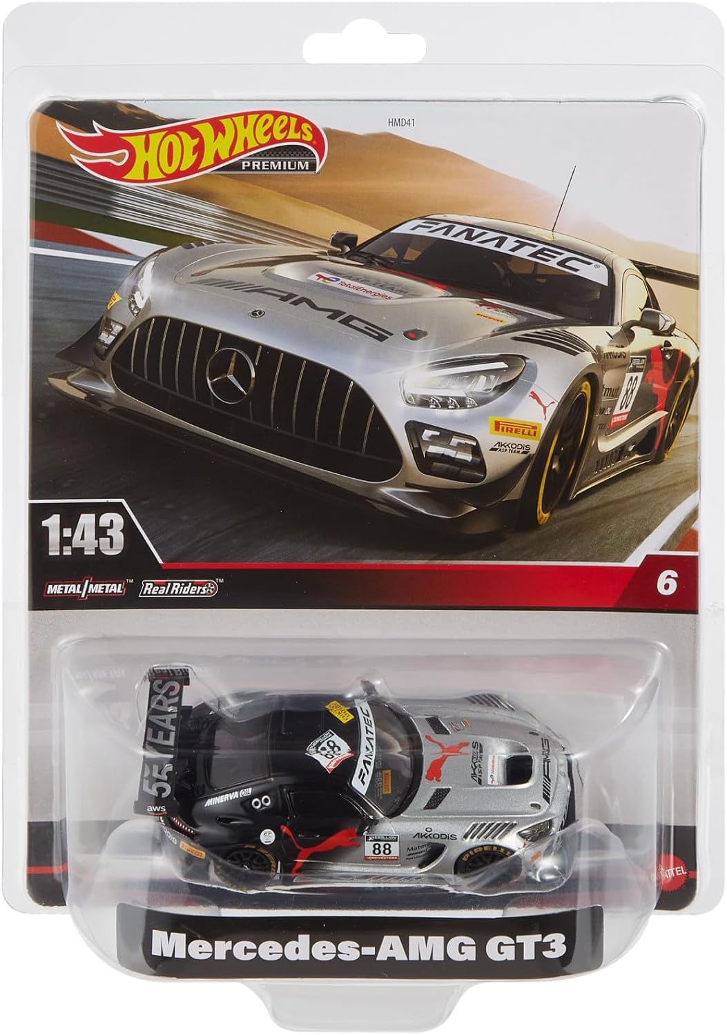 Hot Wheels Premium Mercedes-AMG GT3, Réplicas Oficiais Licenciadas para Colecionadores Adultos, Pneus Real Riders, Carroceria e Chassi em Metal, HMD44