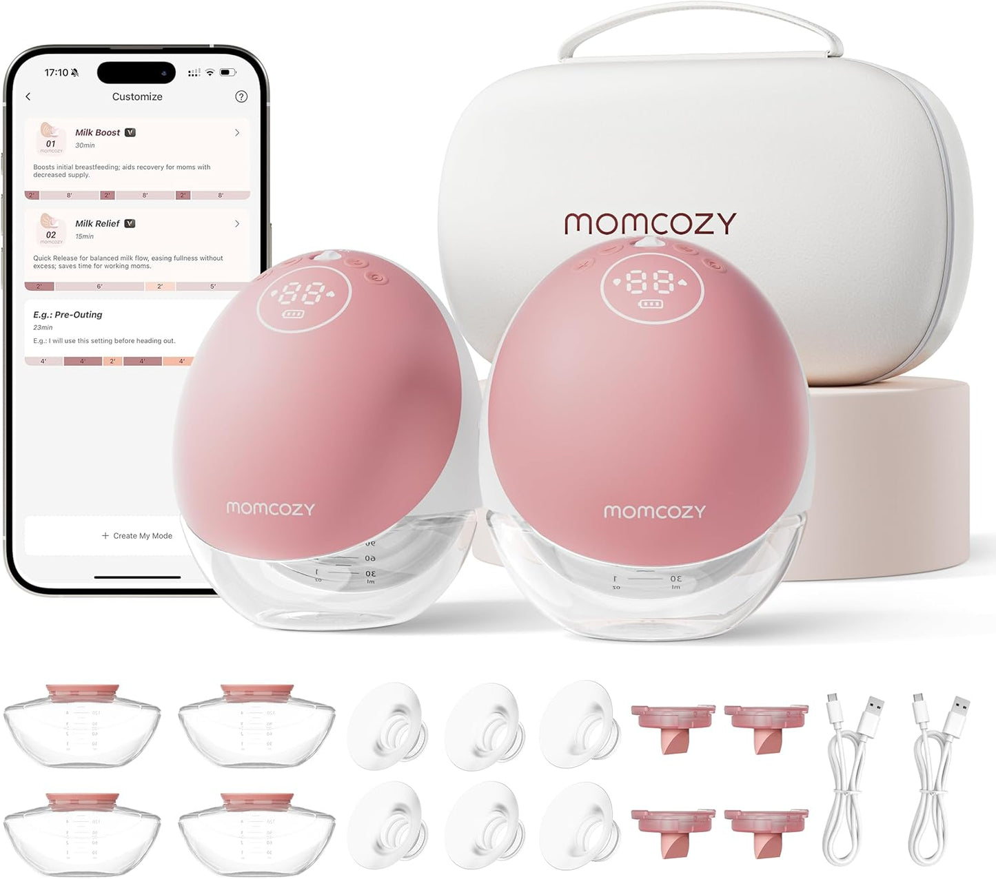 Momcozy Bomba de amamentação mãos livres Mobile Flow | Versão M9 atualizada, controle elétrico e por aplicativo, múltiplos modos personalizados e 15 níveis, bomba de amamentação portátil, 24 mm (vermelho aconchegante, pacote com 2 unidades)