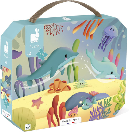 Janod - Quebra-cabeça de 36 peças - Tema Animais Marinhos - Quebra-cabeça Panorâmico Infantil - Desenvolve Paciência e Concentração - Fabricado na França - Quebra-cabeça Infantil a partir de 4 anos, J02554