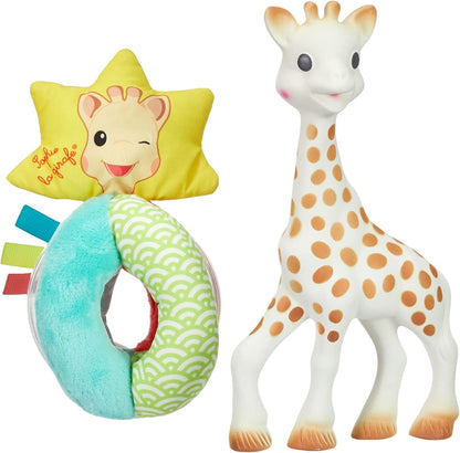 Sophie la girafe Conjunto de presente Sophiesticated Original com mordedor macio e chocalho sensorial, brinquedo de dentição para bebês 100% em borracha natural, caixa de presente com sacola e cartão.