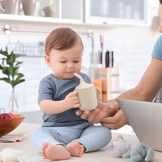 PandaEar 2 Pack Silicone Sippy Cups for Toddlers with Straw & Handles| Non Spill Baby Cups from 6 Months| Weaning Cup Toddler Drinking Cup Baby First Cup (White Blue)