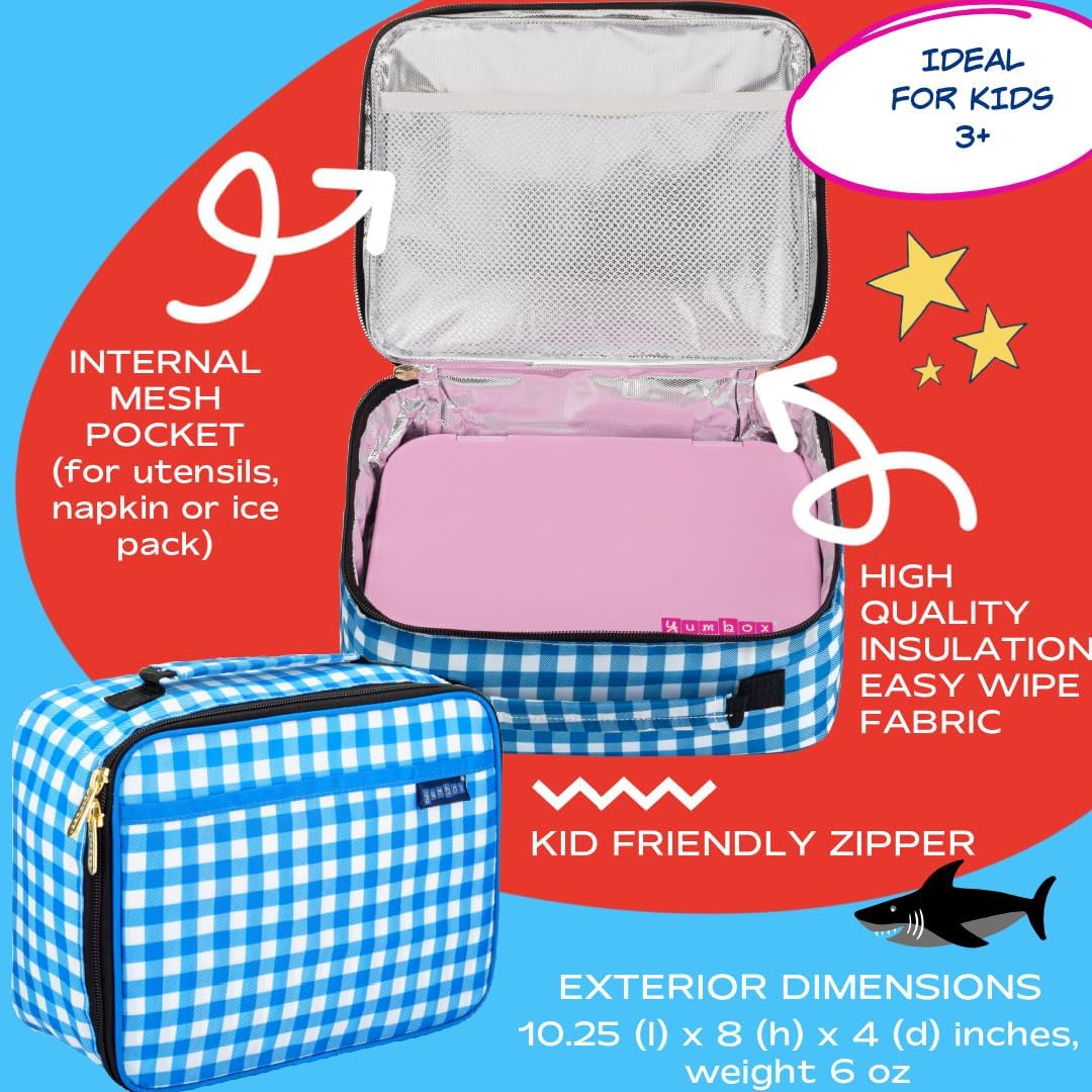 Yumbox Lancheira clássica, tecido isolado e resistente à água, estampas infantis divertidas, bolsos internos e externos, fecho de correr