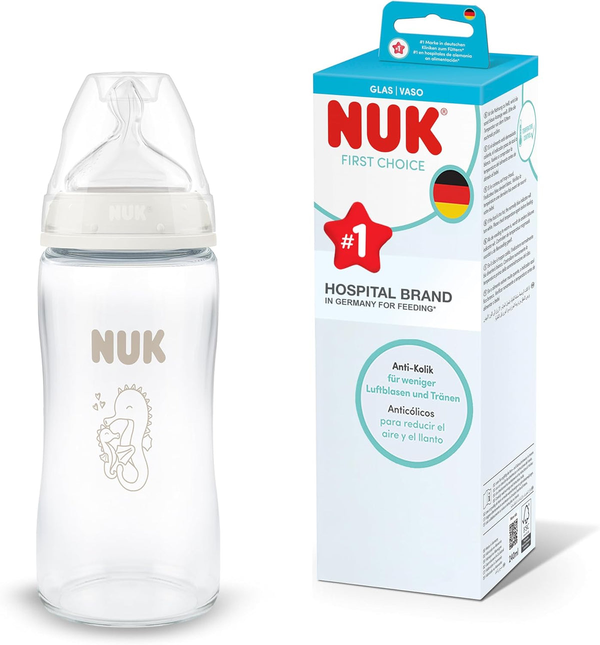 NUK Mamadeira First Choice | 3+ meses | 240 ml | Mamadeira anticólica | Vidro | Indicador de controle de temperatura | Cavalo-marinho | 1 unidade