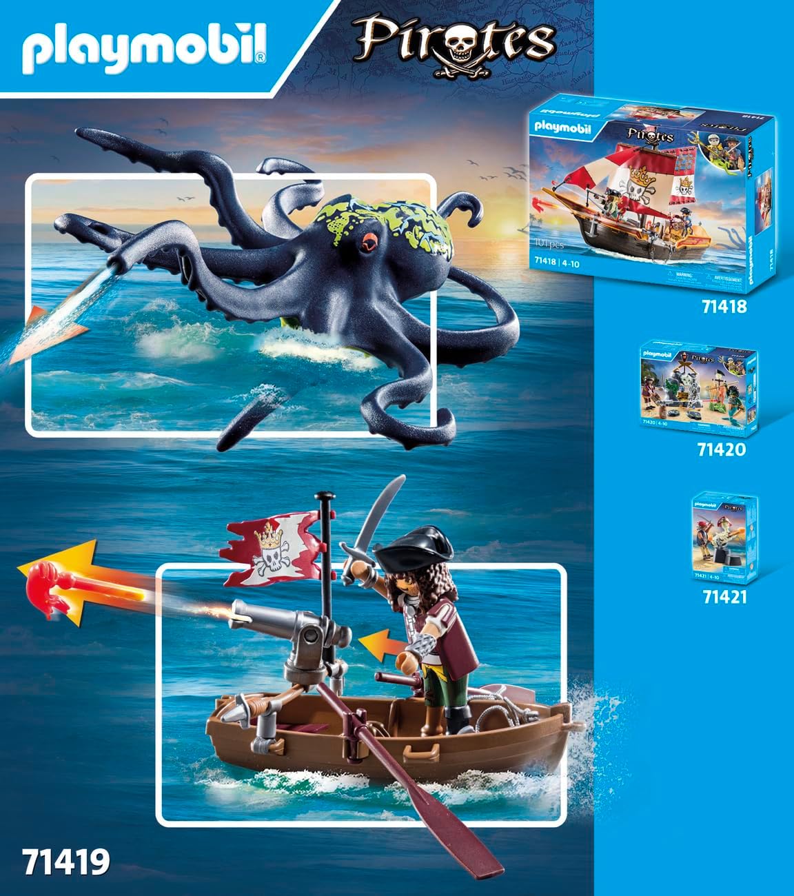 Playmobil 71419 Piratas: Batalha com o Polvo Gigante, Piratas vs. Deepers, polvo com função de borrifar água e canhão de disparo, encenação divertida e imaginativa, conjuntos de jogos adequados para crianças de 4 anos ou mais