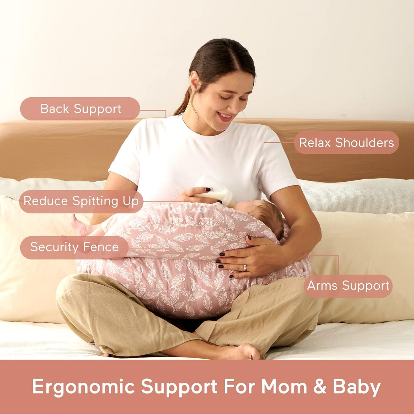 Momcozy Almofada de Amamentação com Suporte Ergonômico e Barreira de Segurança Original para a Segurança do Bebê - Facilitando e Proporcionando Conforto à Mãe e ao Bebê - Capa de Algodão Removível, Rosa