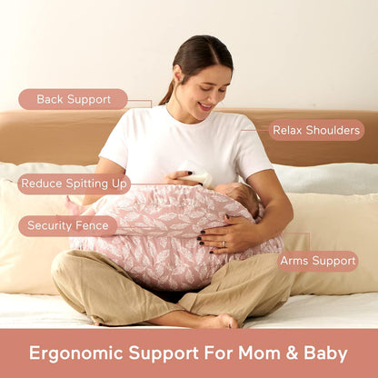 Momcozy Almofada de Amamentação com Suporte Ergonômico e Barreira de Segurança Original para a Segurança do Bebê - Facilitando e Proporcionando Conforto à Mãe e ao Bebê - Capa de Algodão Removível, Rosa