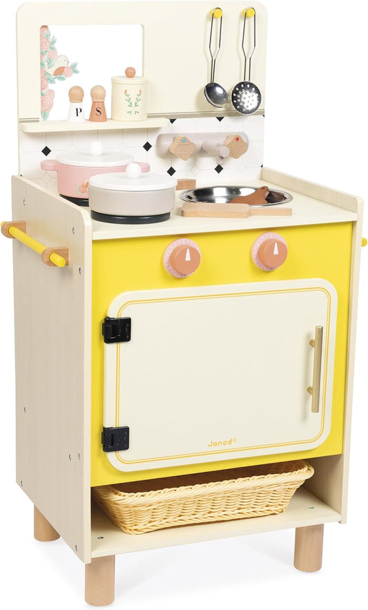 Janod - Cozinha grande de madeira para crianças Equipada com 2 fornos Janod Cozinha de madeira para crianças Equipada com forno, Janod Kitchenette de madeira para crianças Cozinha compacta de brincar para crianças Equipada com forno