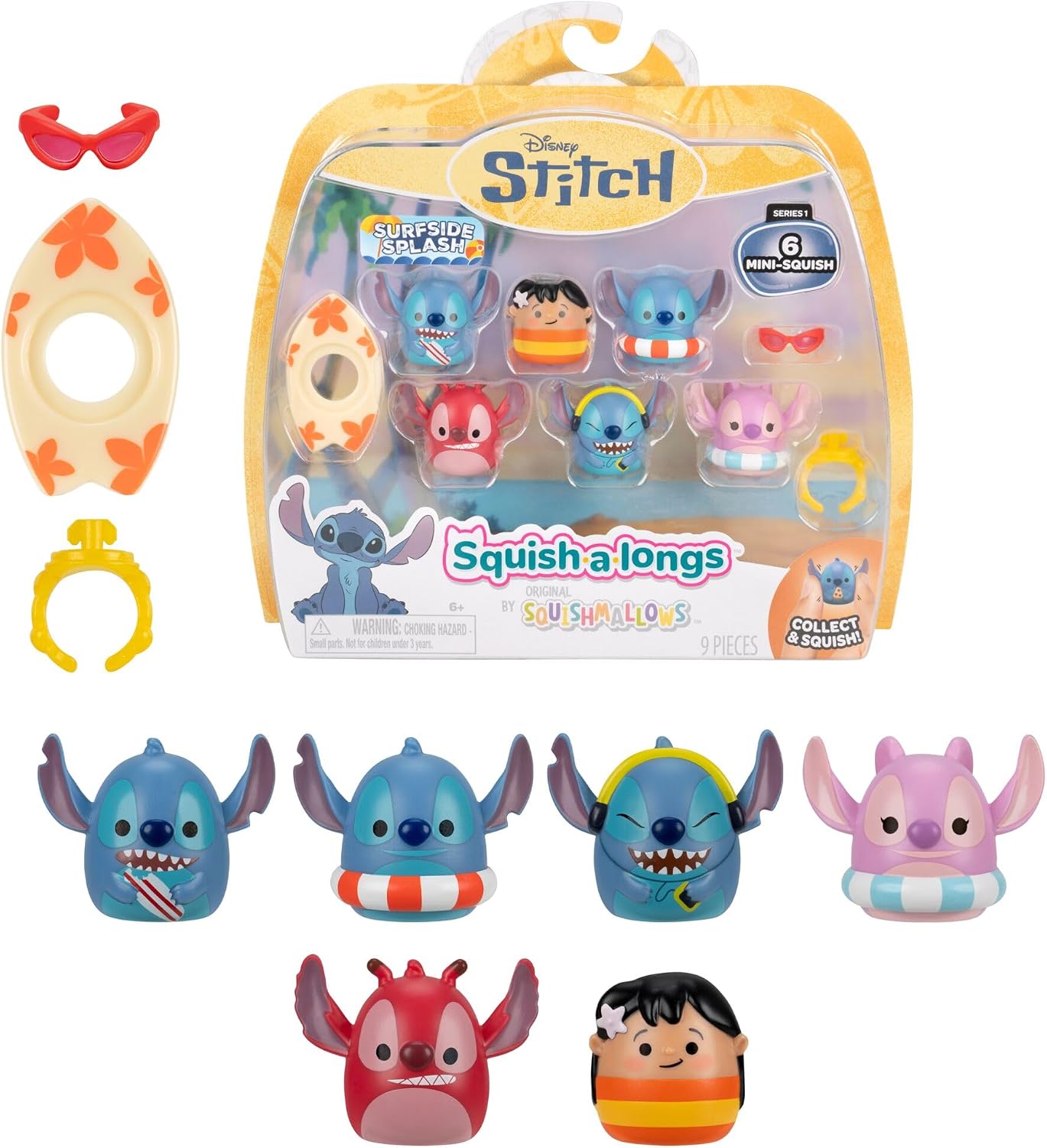 Squish-a-longs Pacote com 6 Mini-Squish + Acessório Disney Stitch (Surfside Splash)