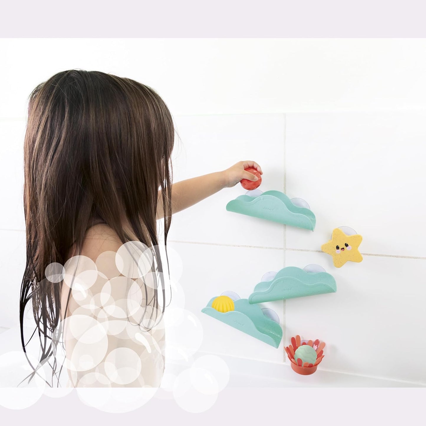 Janod - Circuito de Banho com Ventosa, Bolas e Elementos Giratórios - Brinquedo de Palha de Trigo - Coordenação Motora Fina - A partir de 12 meses - J04732