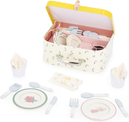 Janod - Conjunto de Jantar de Madeira - Kit de Piquenique Infantil - Para 4 Pessoas - 25 Peças - Conjunto de Papelão - Acessórios Ideais para Cozinha Infantil - Desenvolve a Imaginação - A partir de 3 anos - J06637