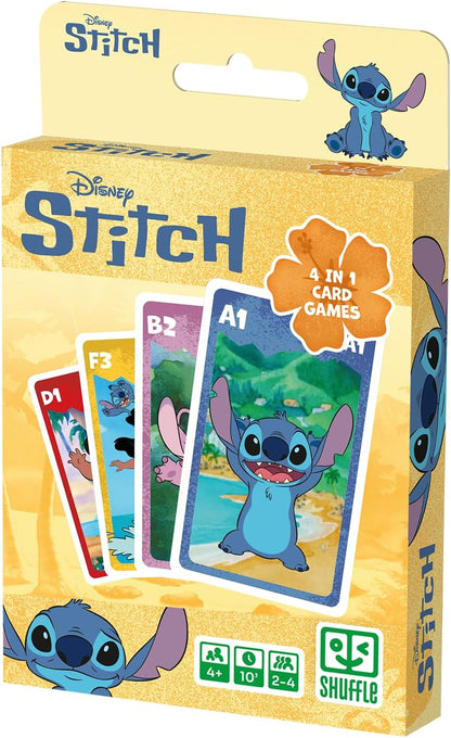 Shuffle Jogo de Cartas 4 em 1 do Stitch - 7 Famílias, Batalha, Memorando e Ação - Jogo de Cartas Disney Lilo & Stitch para Crianças, Família e Amigos - A partir de 4 anos - 2 Jogadores - Azul