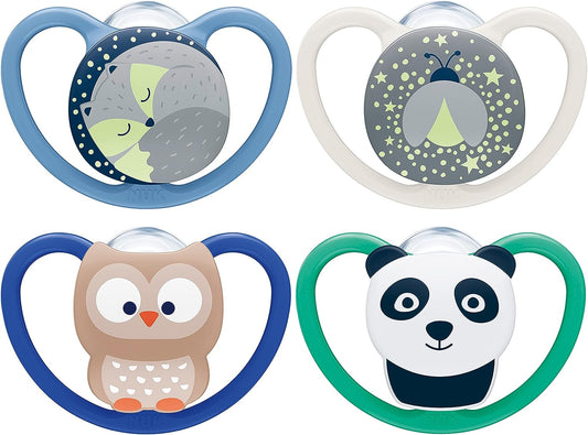 NUK Space chupeta de bebê da noite | 18-36 meses | Chupetas que brilham no escuro com ventilação extra | Silicone sem BPA | Coruja e Panda | 4 contagem