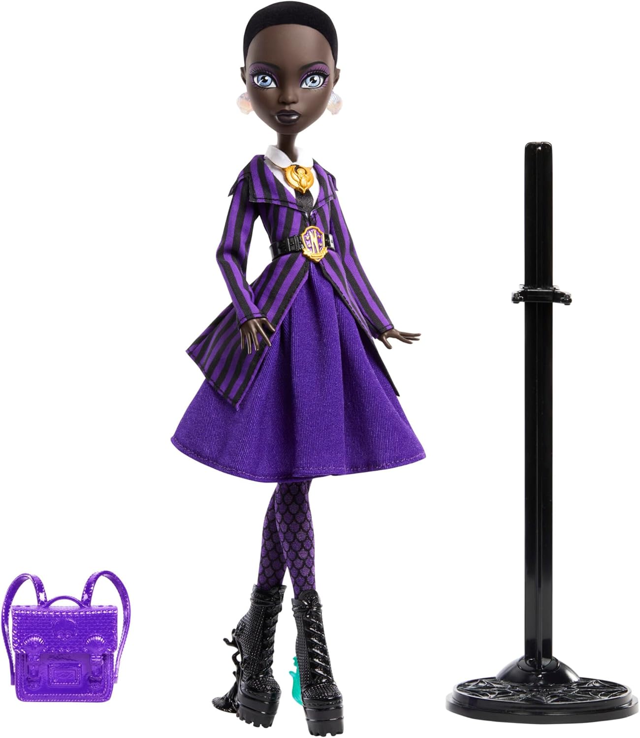 Monster High Boneca e acessórios x Wednesday, Bianca Barclay colecionável em uniforme da Academia Nevermore com amuleto da Sereia, mochila e suporte para boneca, JDR71