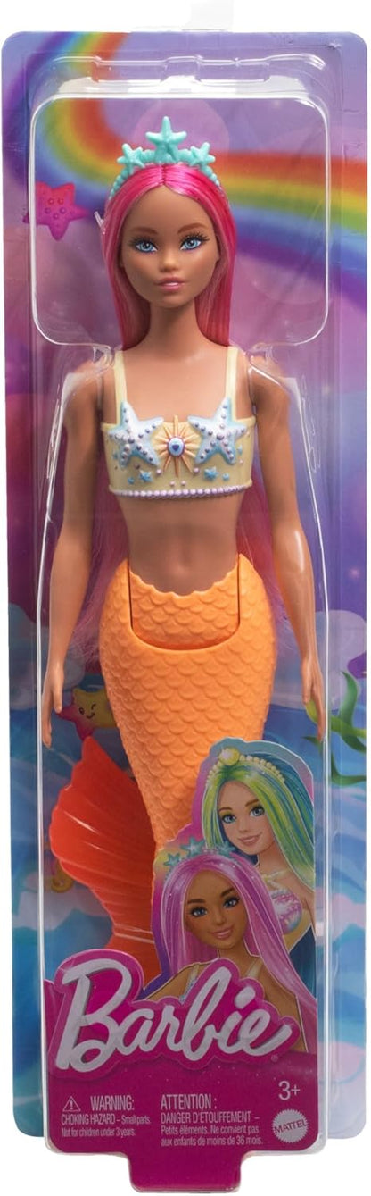 Barbie Bonecas de sereia com cabelo de fantasia e acessórios de faixa de cabeça, brinquedos de sereia com corpete inspirado em conchas e caudas coloridas, HR03