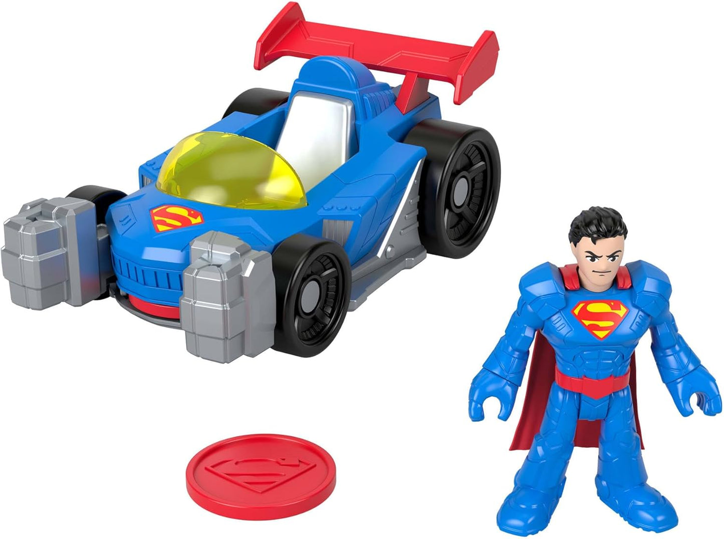 Fisher-Price Imaginext DC Super Friends Metal Force Supermobile - Carrinho de Brinquedo, Figura de Ação do Superman de 7,6 cm e Conjunto de Acessórios, Inclui Lançador e 2 Discos, JFJ69