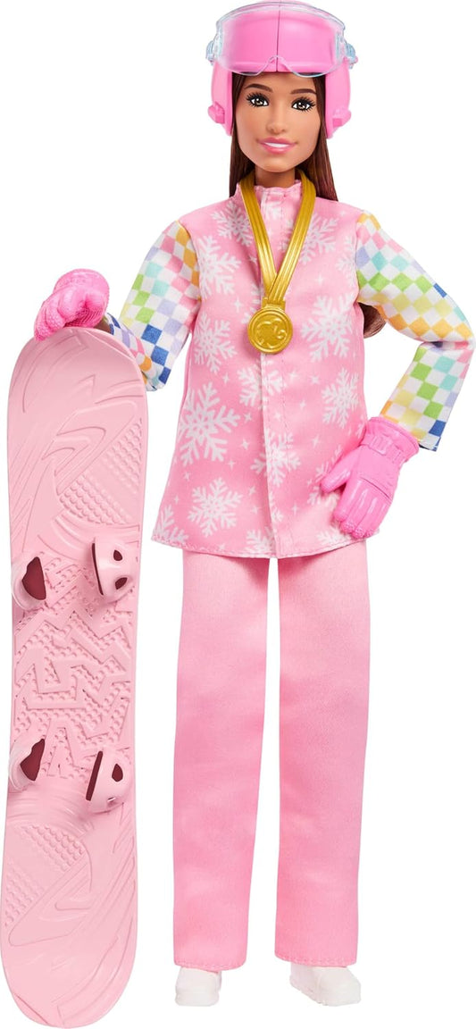Barbie Profissional Snowboarder com Jaqueta, Calça e Botas de Neve Rosa e mais de 10 Acessórios, incluindo Prancha de Snowboard que Muda de Cor, JKF78