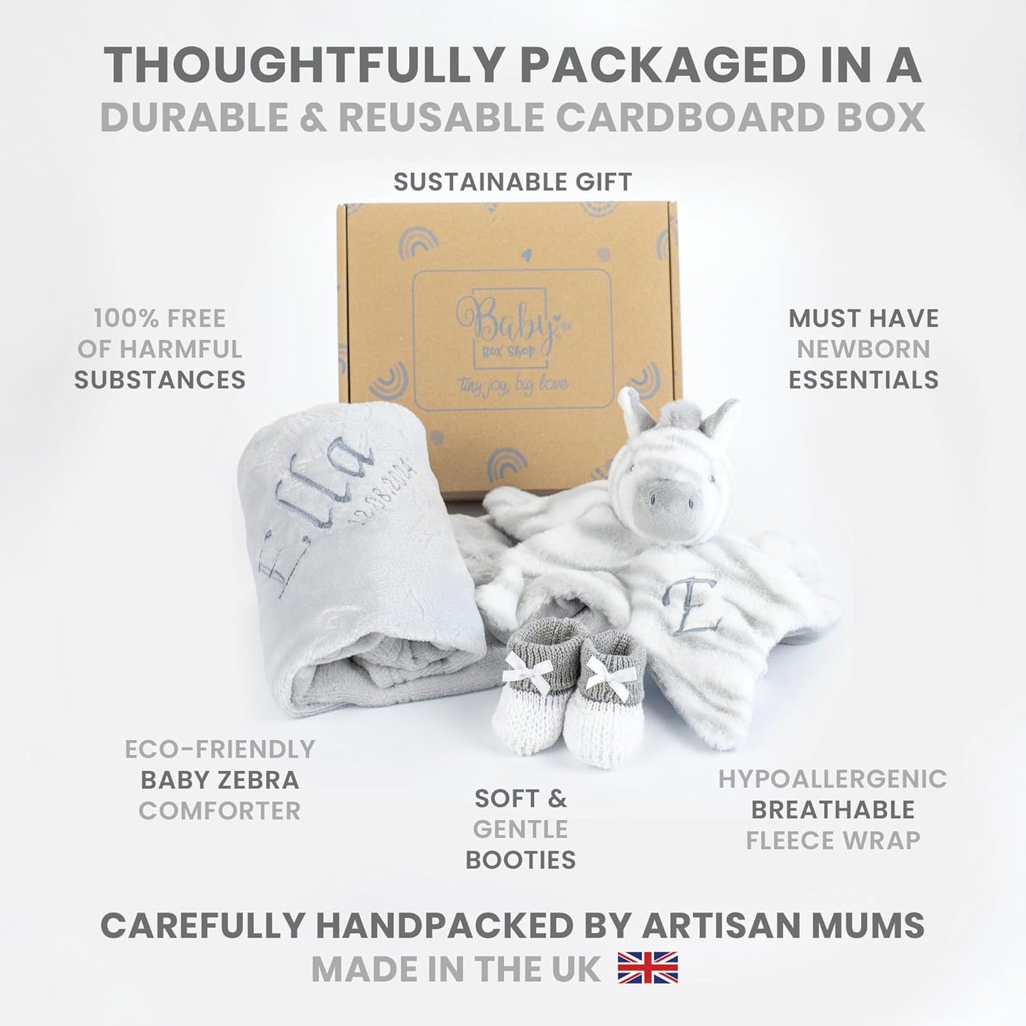 Baby Box Shop - Presentes personalizados para bebês - Cobertor de bebê personalizado e edredom de bebê zebra personalizado com botinhas de algodão cinza e branco, ideais para presentes de batizado