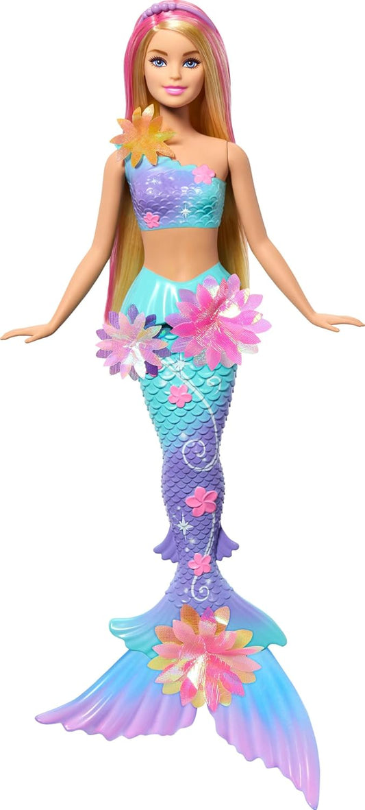 Barbie Boneca Sereia com Flores Mágicas Surpresa, Cauda Ombré, Tiara de Pérolas e Cabelo Loiro Longo com Mechas Rosa, JDM72