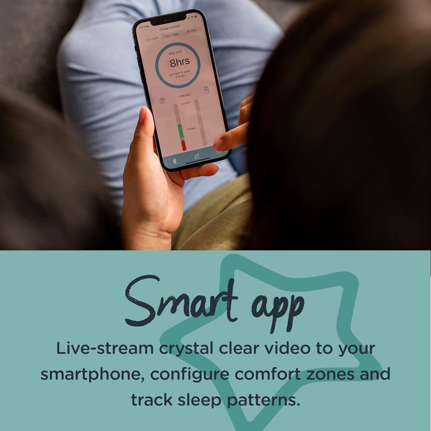 Tommee Tippee Monitor de bebê inteligente habilitado para aplicativo Dreamsense, câmera remota HD de visão noturna com inclinação e panorâmica, áudio bidirecional, pod inteligente para pais para alertas personalizáveis e rastreamento de sono