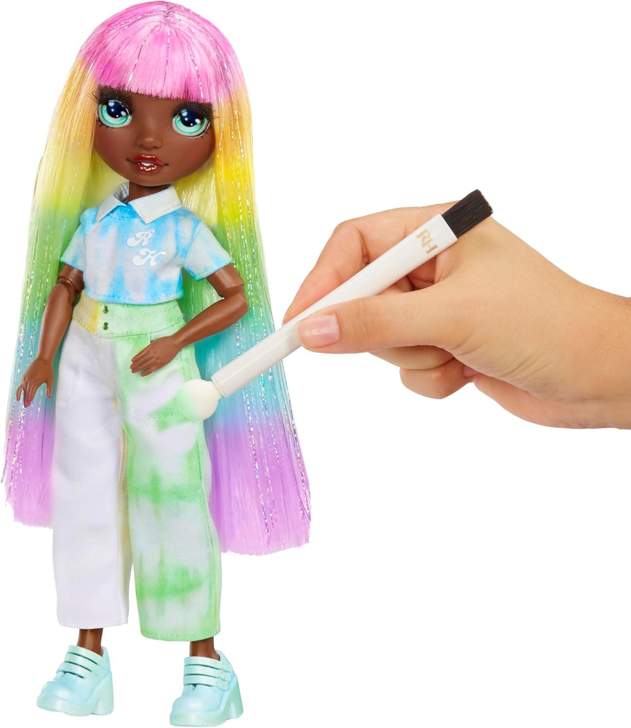 Boneca Fashion DIY Rainbow High com Aquarelas Laváveis e Kit Tie-Dye - Olhos Verdes, Cabelo Liso, Blusa e Sapatos Extras - Pinte, Crie, Brinque, Lave e Repita - Crianças de 4 a 12+ Anos