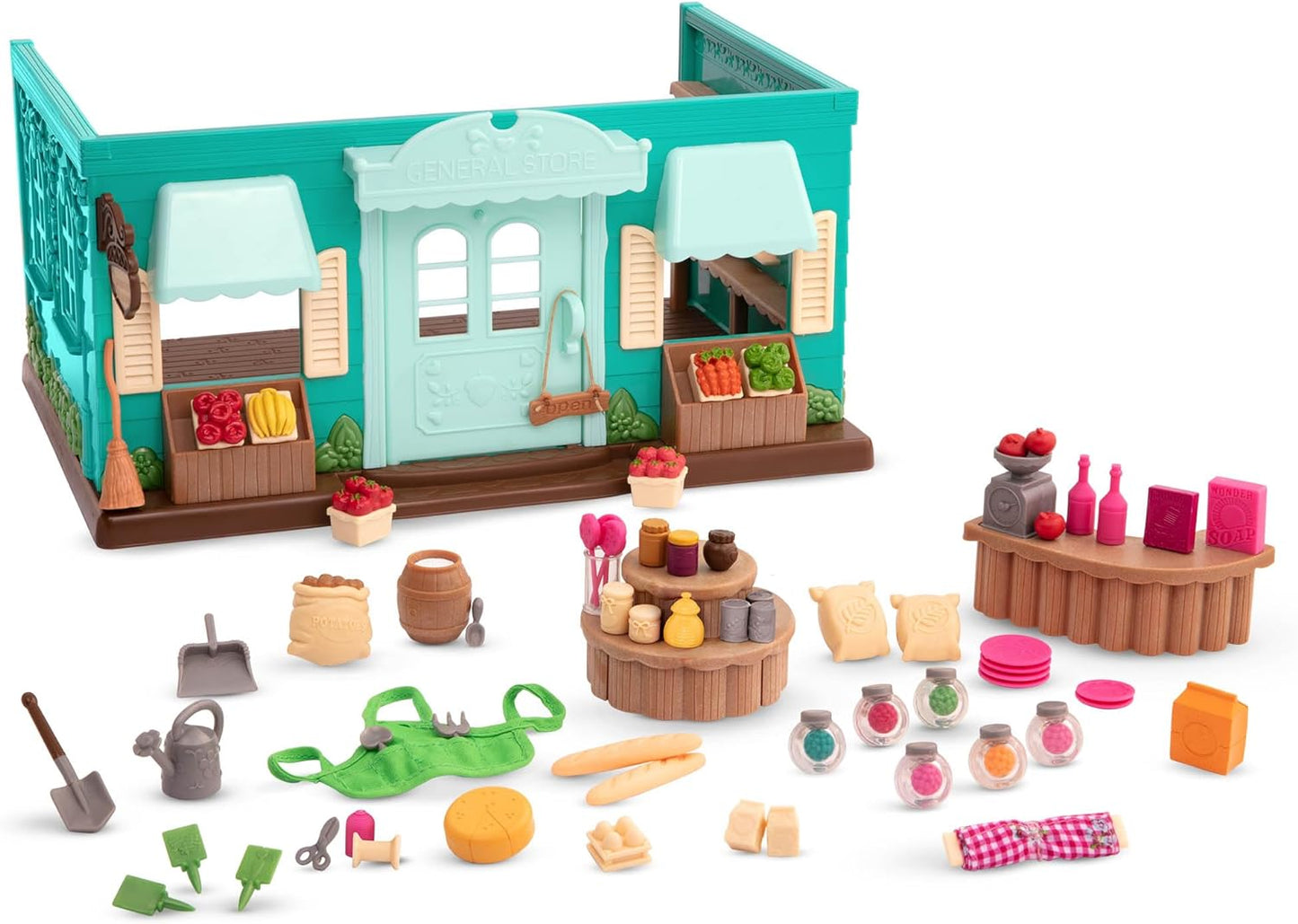 Li'l Woodzeez Store Playset - Honeysuckle Hollow General Store - Juego de 69 piezas - Juguetes familiares para niños de 3 años en adelante
