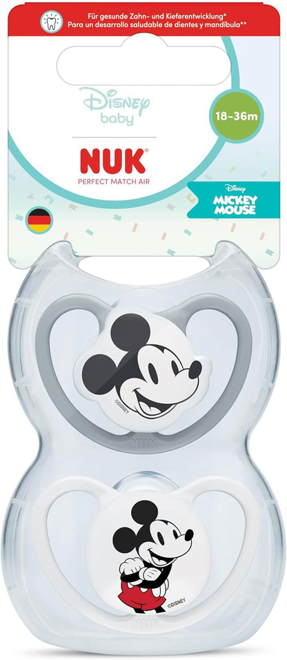 NUK Chupetas Perfect Match Air | 18-36 Meses | Chupetas ortodônticas que favorecem a circulação de ar e previnem irritações causadas pela saliva | 95% de aceitação pelos bebês** | Mickey Mouse | Embalagem com 2 unidades