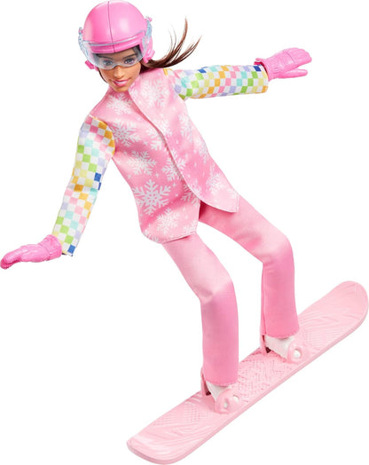 Barbie Profissional Snowboarder com Jaqueta, Calça e Botas de Neve Rosa e mais de 10 Acessórios, incluindo Prancha de Snowboard que Muda de Cor, JKF78