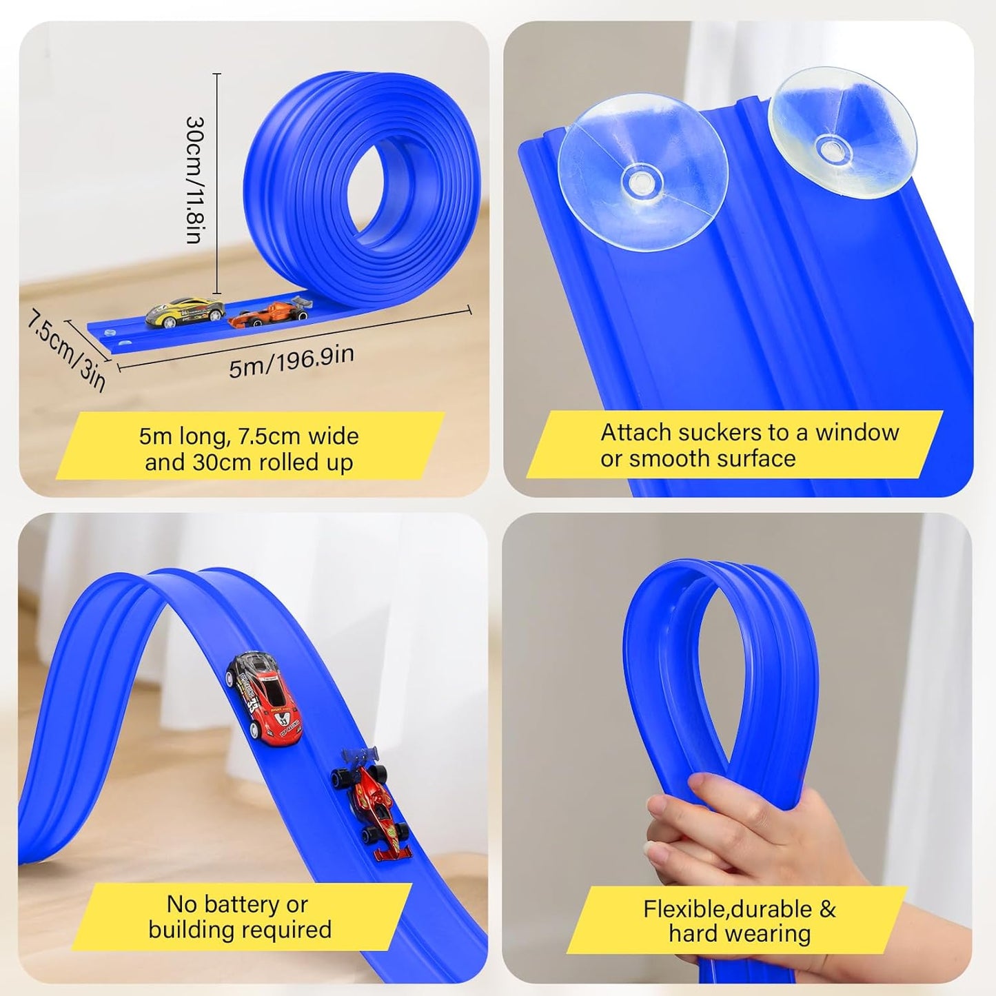 KETIEE Pista de corrida de 5m com 4 carrinhos: Pista de corrida flexível com rampas para carrinhos de brinquedo, enrolável e portátil, com saltos, loops e rampas para carrinhos de escala 1/64, para crianças a partir de 3 anos, azul.