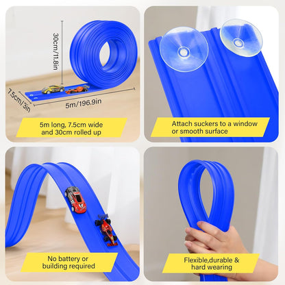 KETIEE Pista de corrida de 5m com 4 carrinhos: Pista de corrida flexível com rampas para carrinhos de brinquedo, enrolável e portátil, com saltos, loops e rampas para carrinhos de escala 1/64, para crianças a partir de 3 anos, azul.