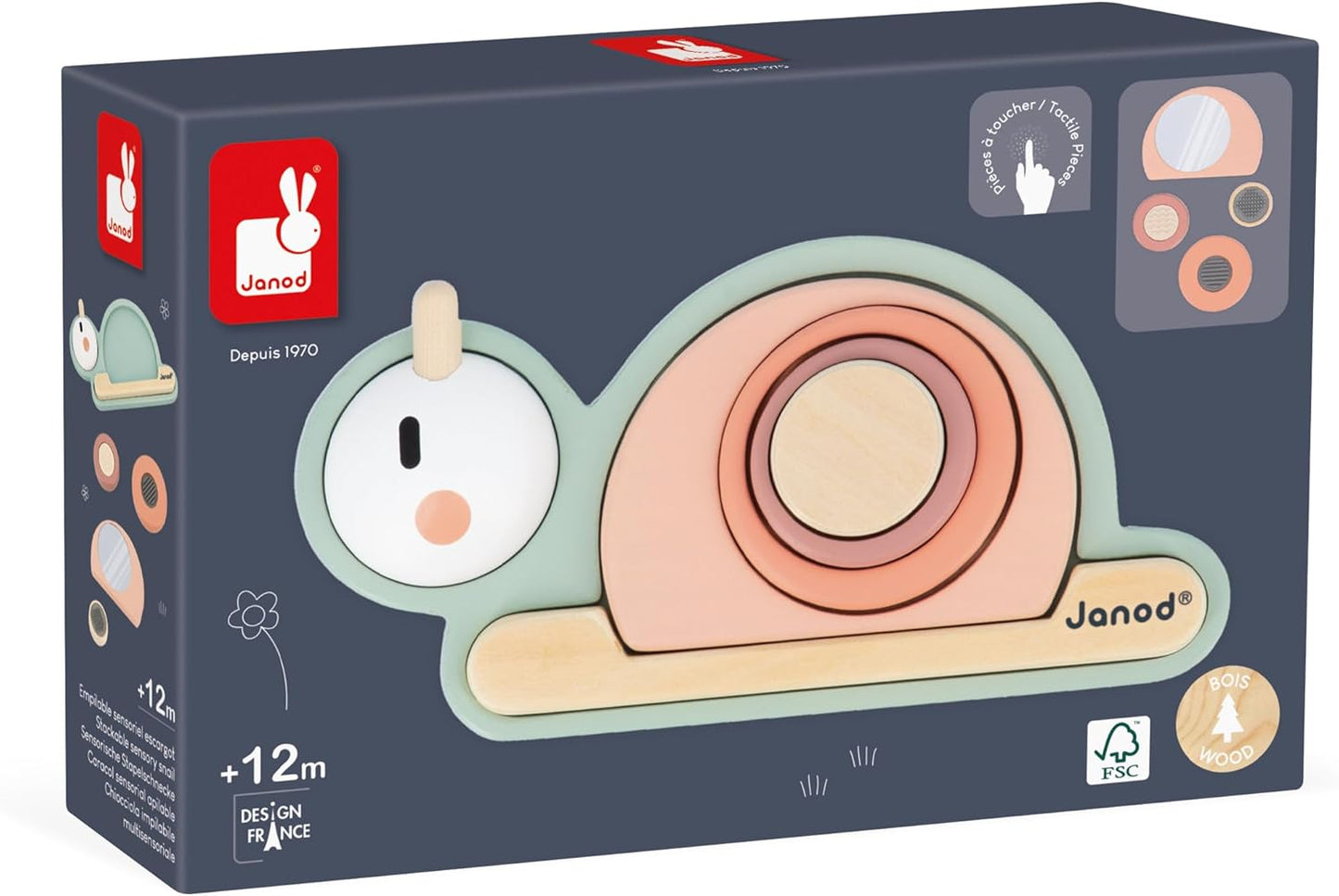 Janod Caracol sensorial empilhável Sweet Cocoon, 6 peças empilháveis de madeira FSC, 4 blocos sensoriais, jogo de aprendizagem precoce, 12 meses +, verde/rosa