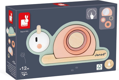Janod Caracol sensorial empilhável Sweet Cocoon, 6 peças empilháveis de madeira FSC, 4 blocos sensoriais, jogo de aprendizagem precoce, 12 meses +, verde/rosa
