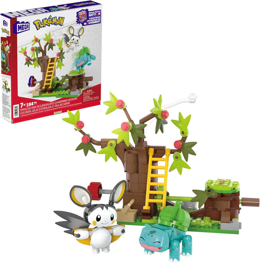 MEGA Conjunto de brinquedos de construção Pokémon Emolga e Bulbasaur's Charming Woods com 194 peças, 2 personagens articulados e movimento, para crianças, HTH69