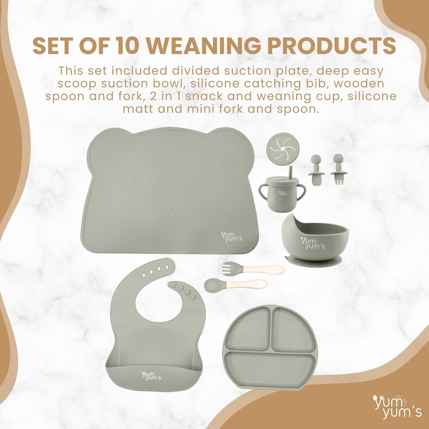 Yum Yum's Conjunto de Introdução Alimentar Baby com 10 Peças Cinza - Kit Completo para Alimentação Infantil com Prato Dividido, Tigelas com Ventosa, Talheres com Protetor Bucal, Copo com Canudo,