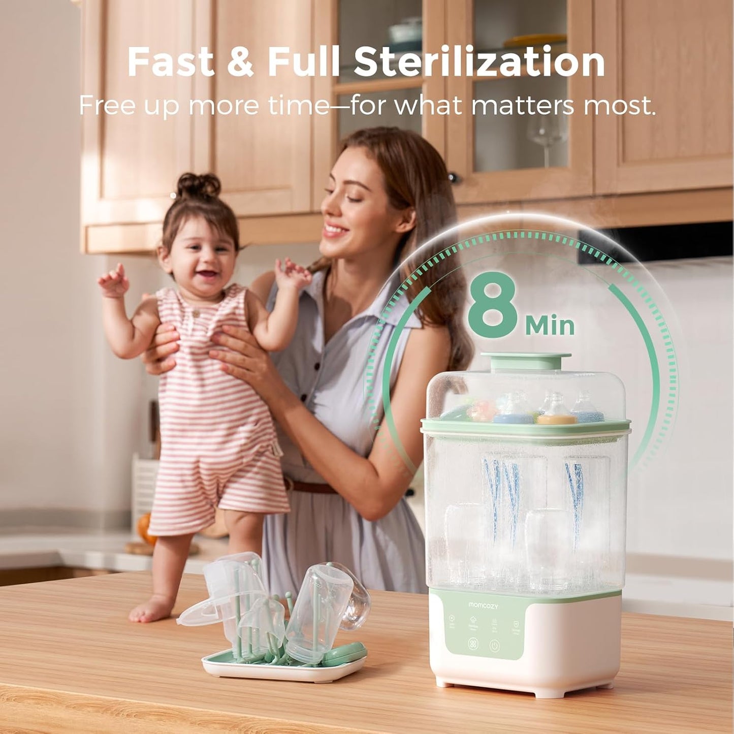 Momcozy Esterilizador e Secador de Mamadeiras, Design Modular Empilhável que Economiza Espaço, Capacidade para 6 Mamadeiras, Esterilizador Compacto 4 em 1 para Mamadeiras, Peças de Bomba de Leite Materno e Itens Essenciais