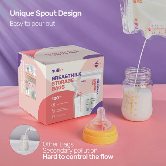 Nuliie 120 unidades de sacos de armazenamento de leite materno, sacos de armazenamento de leite sem BPA de 250 ml com bico para amamentação, saco autônomo ou plano pré-esterilizado, economia de espaço para uso em geladeira ou freezer