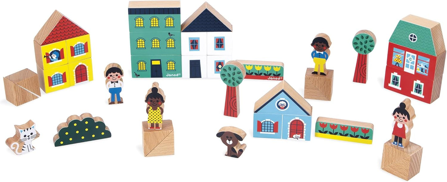 Janod - Conjunto de 36 cubos de madeira maciça - Tema de cidade - Complemento ideal para tapetes de carro - Brinquedo de construção - Desenvolve a imaginação - FSCTM Madeira
