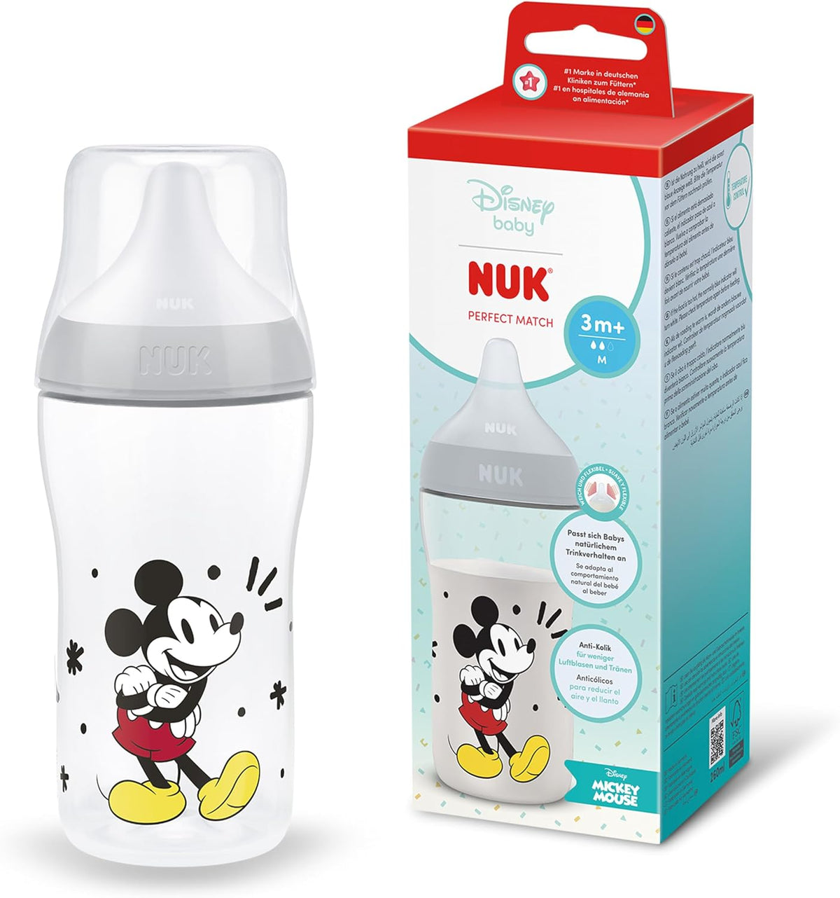 NUK Mamadeira Perfect Match | 0+ meses | 260 ml | Mamadeira anticólica | Polipropileno (PP) | Indicador de controle de temperatura | Mickey Mouse | 1 unidade