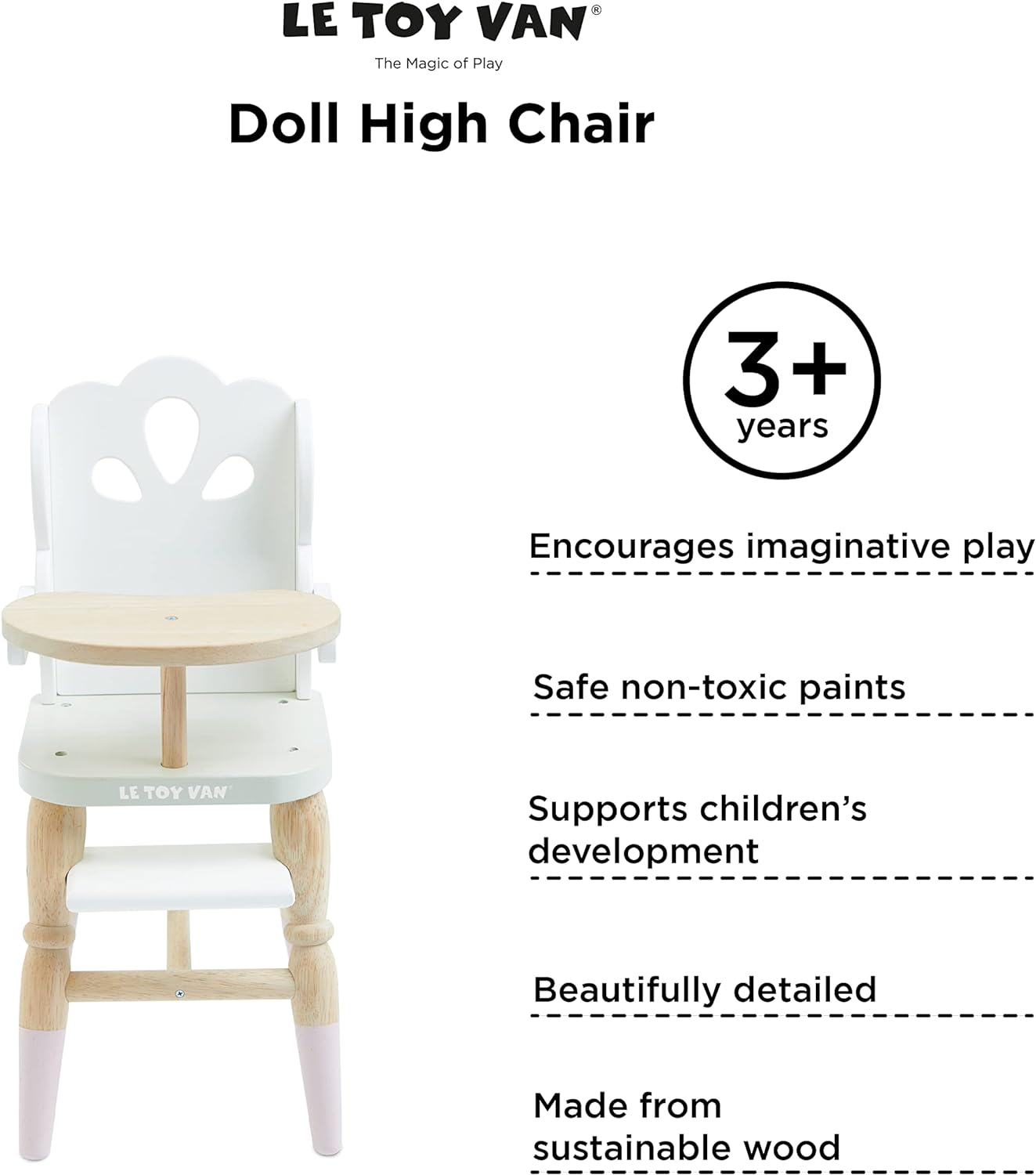 Le Toy Van - Brinquedo educacional de madeira, dramatização, linda boneca, cadeira alta | Cadeira alta de brinquedo para meninas e meninos - para maiores de 3 anos