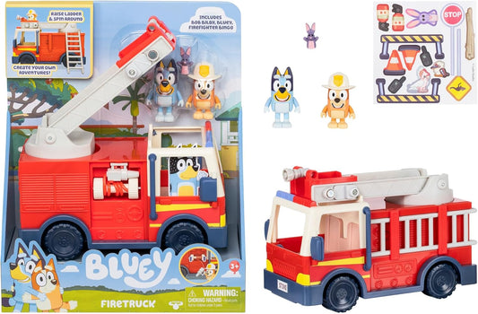 Camión de bomberos Bluey, Camión de bomberos con Bluey, Bingo de bomberos exclusivo y figuras de Bob Bilby Levanta la escalera, gírala y desenrolla la manguera Incluye hoja de pegatinas