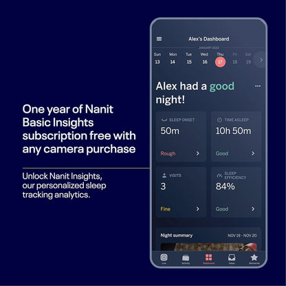 Nanit Pro Smart Baby Monitor & Wall Mount Galaxy Black – Câmera de vídeo Wi-Fi segura 1080p, rastreador de movimento e sono sem sensores, áudio bidirecional, alertas de som e movimento, visão noturna.