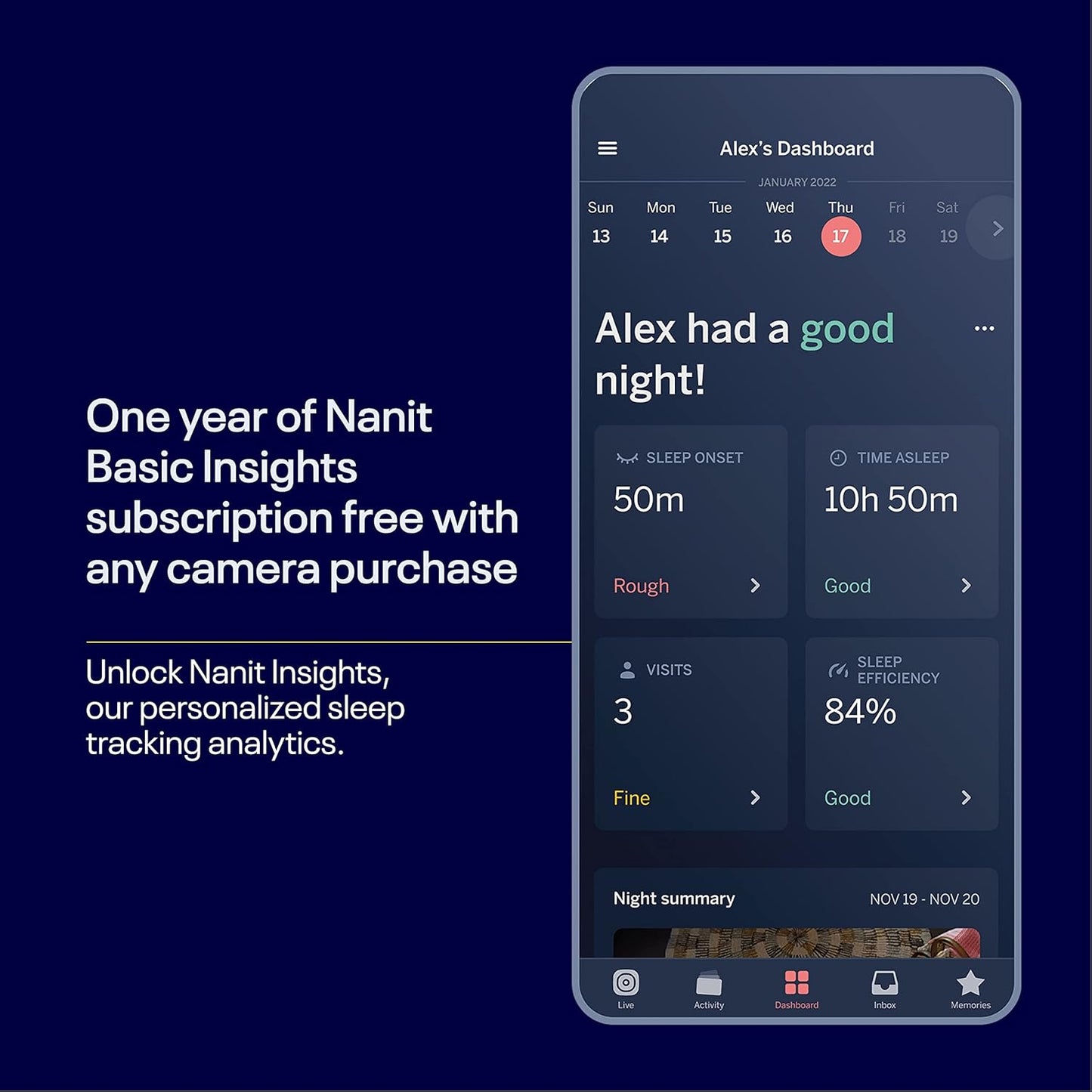 Nanit Pro Smart Baby Monitor & Wall Mount Silver Moon – Câmera de vídeo Wi-Fi segura 1080p, rastreador de movimento e sono sem sensores, áudio bidirecional, alertas de som e movimento, visão noturna.