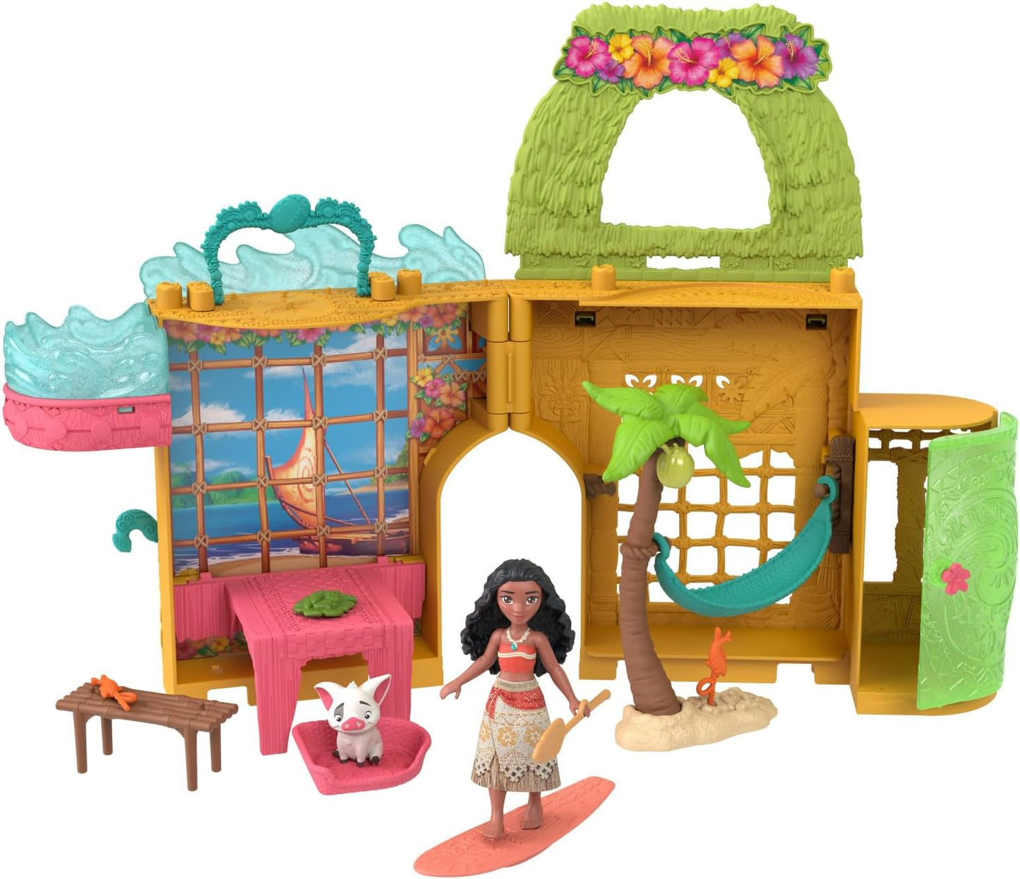 Mattel Conjunto de Brinquedo Casa de Bonecas Disney Princess Moana Storytime Stackers da | Boneca pequena articulada da Moana com saia removível, 1 figura de animal e 9 acessórios, inspirado no filme da Disney, JDP58