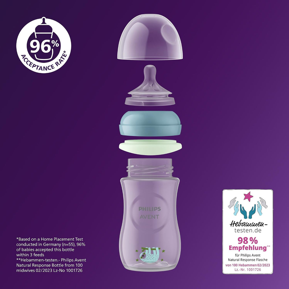 Philips Mamadeira Avent Natural Response para a noite - 260 ml, com bico de fluxo médio (fluxo 3), inclui anel que brilha no escuro, estampa de bicho-preguiça, SCY903/81