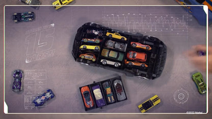 Hot Wheels Estojo para guardar carrinhos 2 em 1, modelo Race N' Haul, com rodas livres e alça retrátil - Armazena até 15 carrinhos (carrinhos não inclusos).