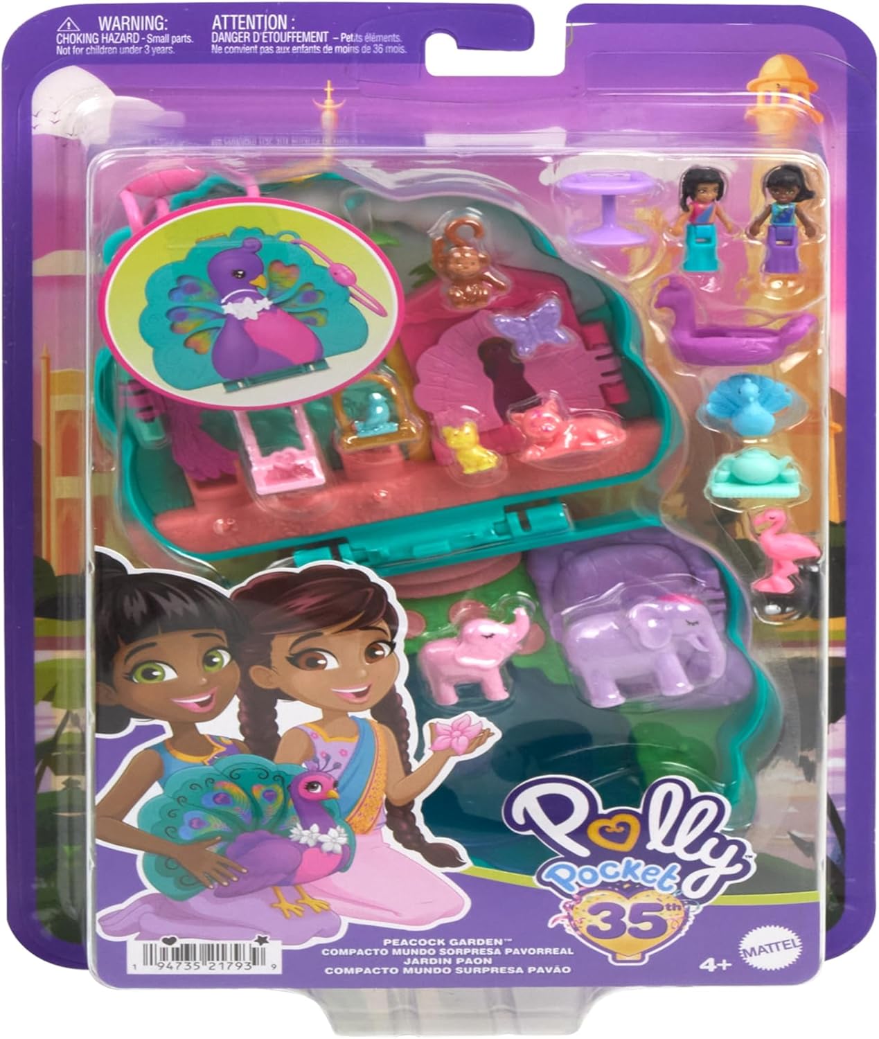 Polly Pocket Dolls e Playset, Peacock Garden Compact, brinquedo de viagem com 2 micro bonecas e animais de estimação, acessórios para animais