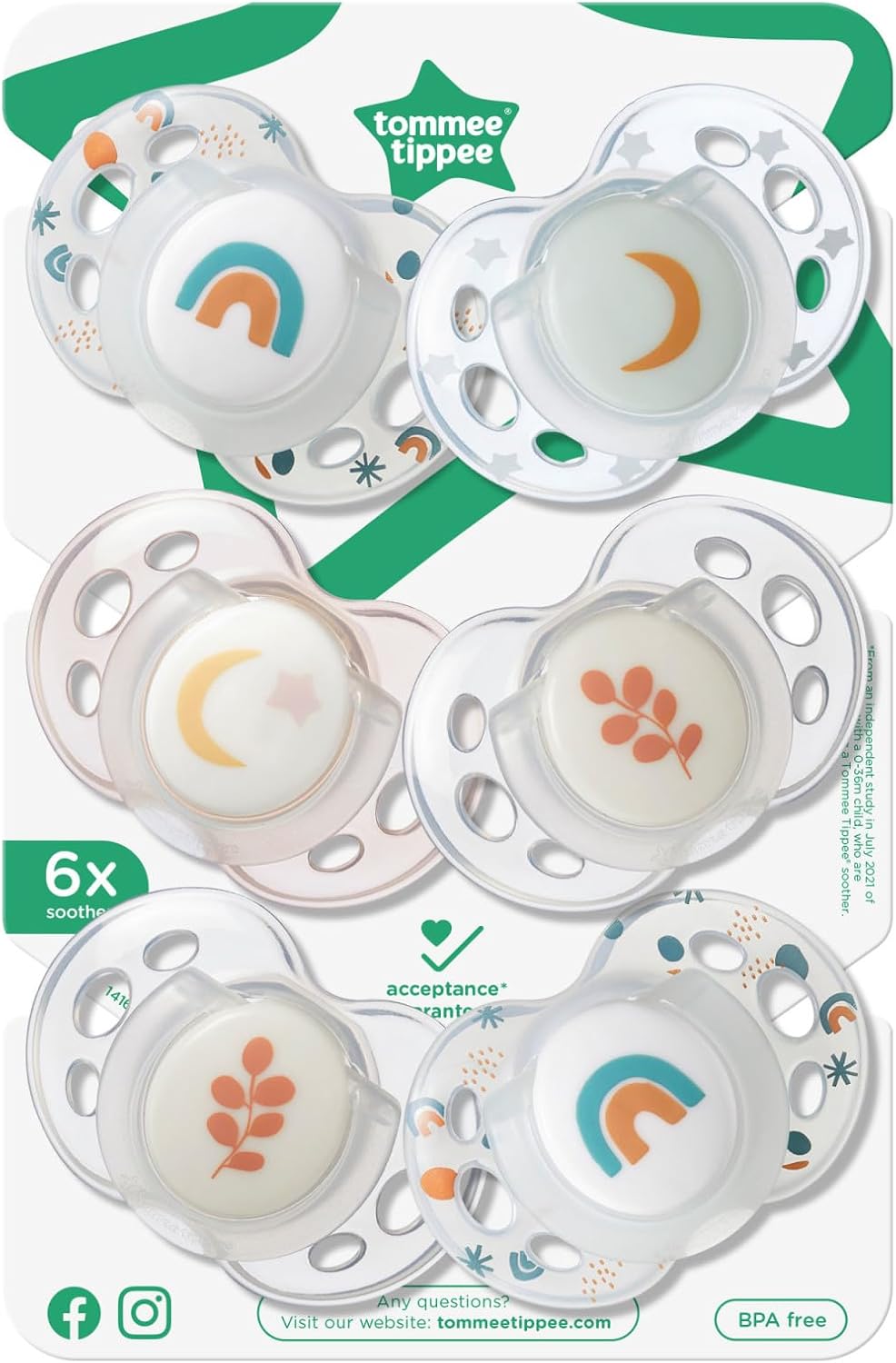 Tommee Tippee Nighttime Dummies, 18-36 meses, 6 pacotes de manequins que brilham no escuro com baglet de silicone simétrico