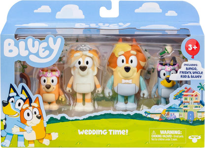 Bluey Figura 4-Pack Wedding Time, Reencenação do Dia do Casamento do Tio Rad e Frisky e Figuras da Florista do Bingo, Branco